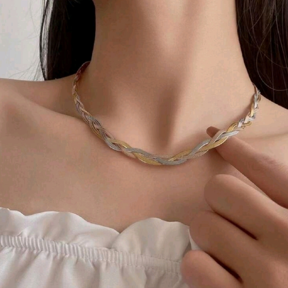 NEW Tri Color Herringbone Stainless Steel Braided Necklace